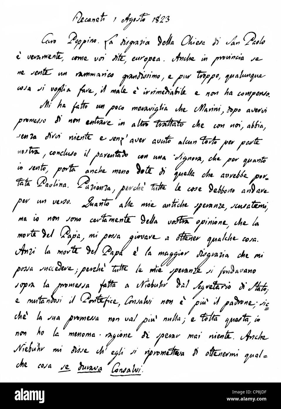 Manoscritto storico dal conte Giacomo Leopardi, 1798 - 1837, un poeta italiano, saggista e filologo, Historische Handschrif Foto Stock