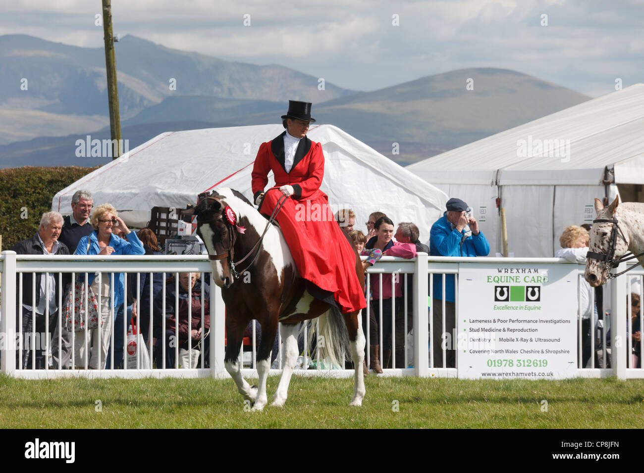 Singoli donna in sella ad un cavallo vincente sella laterale al paese di Anglesey in mostra il Mona showground con gli spettatori a guardare. Wales UK Gran Bretagna Foto Stock