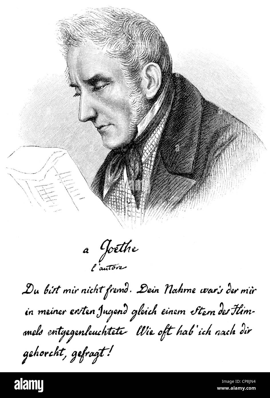 Dedica manoscritta di Goethe e un ritratto di Alessandro Francesco Tommaso Manzoni, 1785 - 1873, un poeta e scrittore Foto Stock