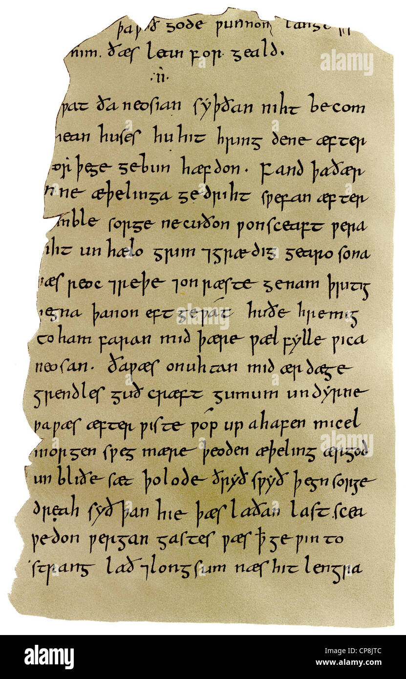 Manoscritto di Beowulf, un epico poema eroico in alliterative anglosassone versetto dal decimo secolo, Historische Zeichnung aus de Foto Stock