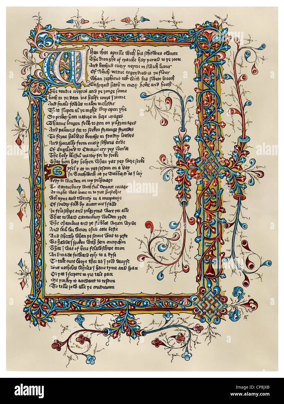 L'inizio del i Canterbury Tales di Geoffrey Chaucer, xv secolo, Historische Zeichnung aus dem 19. Foto Stock