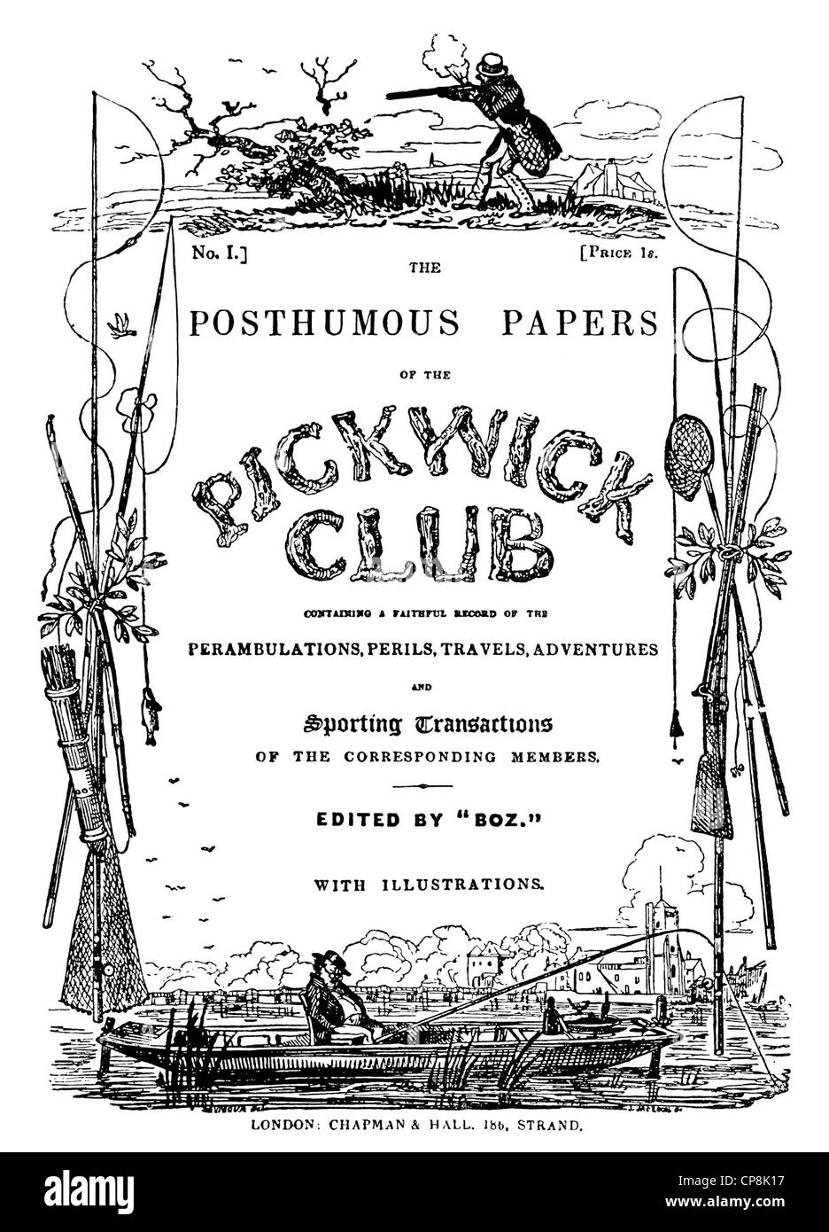 Titolo a la carte postuma di The Pickwick Club, il primo romanzo di Charles John Huffam Dickens o Boz, 1812 - 1870, un Engl Foto Stock