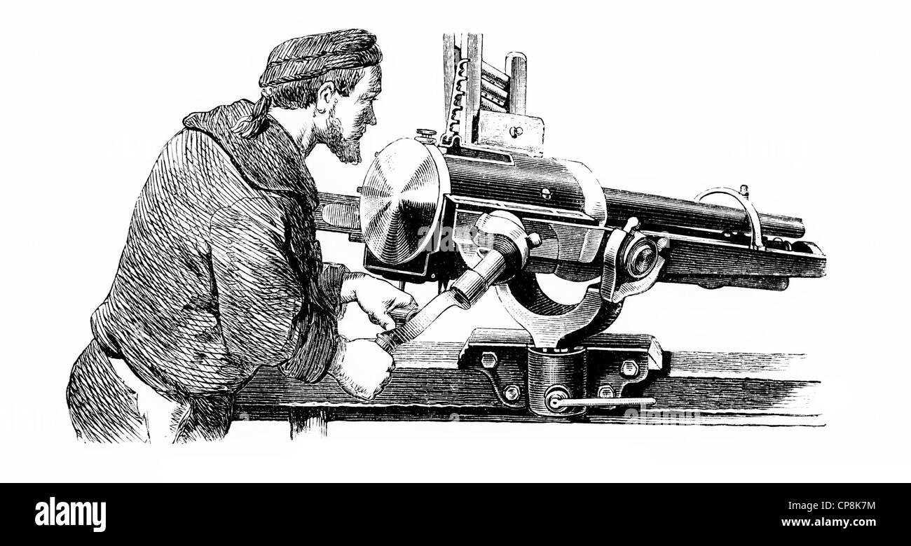 Illustrazione storica del XIX secolo, raffigurazione di un American revolver cannon, mitragliatrice, Historische Zeichnung aus Foto Stock