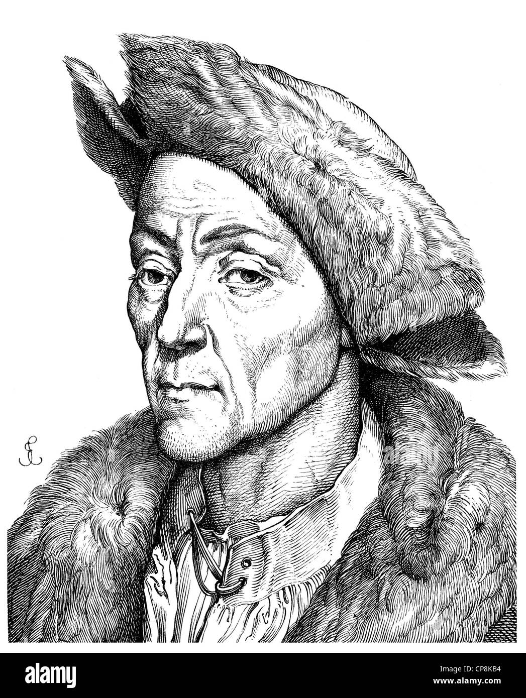 Jakob Fugger, 1459 - 1525, uomo d'affari tedesco, mineraria imprenditore e banchiere, Historische Zeichnung aus dem 19. Jahrhundert, Po Foto Stock