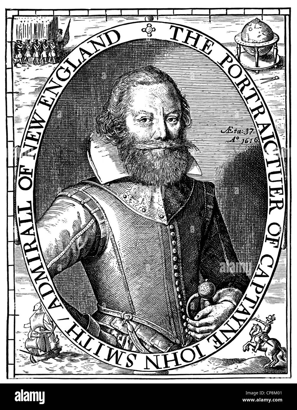 Il capitano John Smith, 1579 - 1631, colono inglese in America, Historische Zeichnung aus dem 19. Jahrhundert, Ritratto von Captai Foto Stock