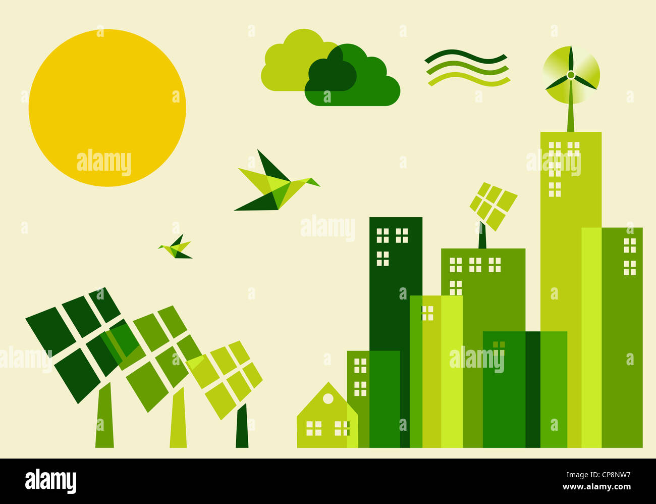Go Green city. L'industria lo sviluppo sostenibile con la conservazione ambientale illustrazione dello sfondo. File vettoriale stratificata per una facile manipolazione e colorazione personalizzata. Foto Stock