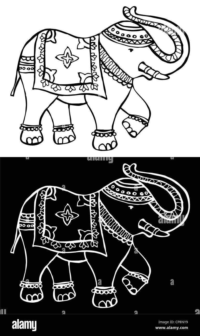 Tradizionale elefante indiano decorata per l'occasione speciale nero e sfondo bianco. File vettoriale disponibile. Foto Stock