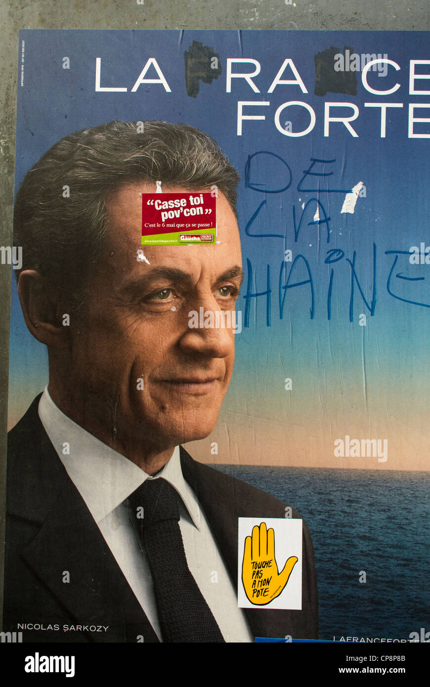 Parigi, Francia, manifesto politico defacing Sarkozy Campaign, elezioni presidenziali francesi, segnali di campagna, Foto Stock