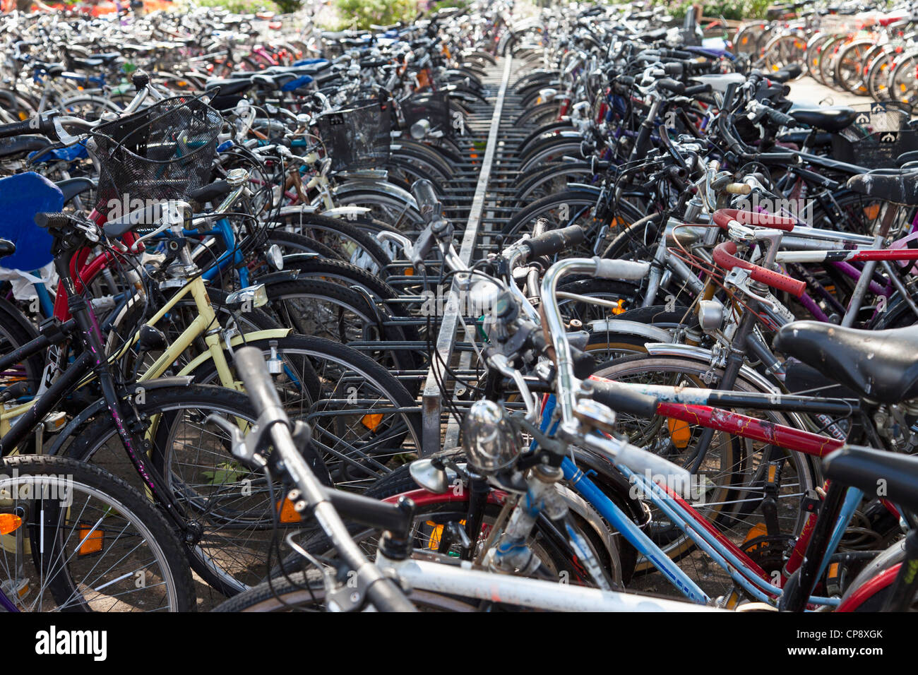Germania, Baden Wuerttemberg, Heidelberg, Fila di biciclette in area di parcheggio Foto Stock