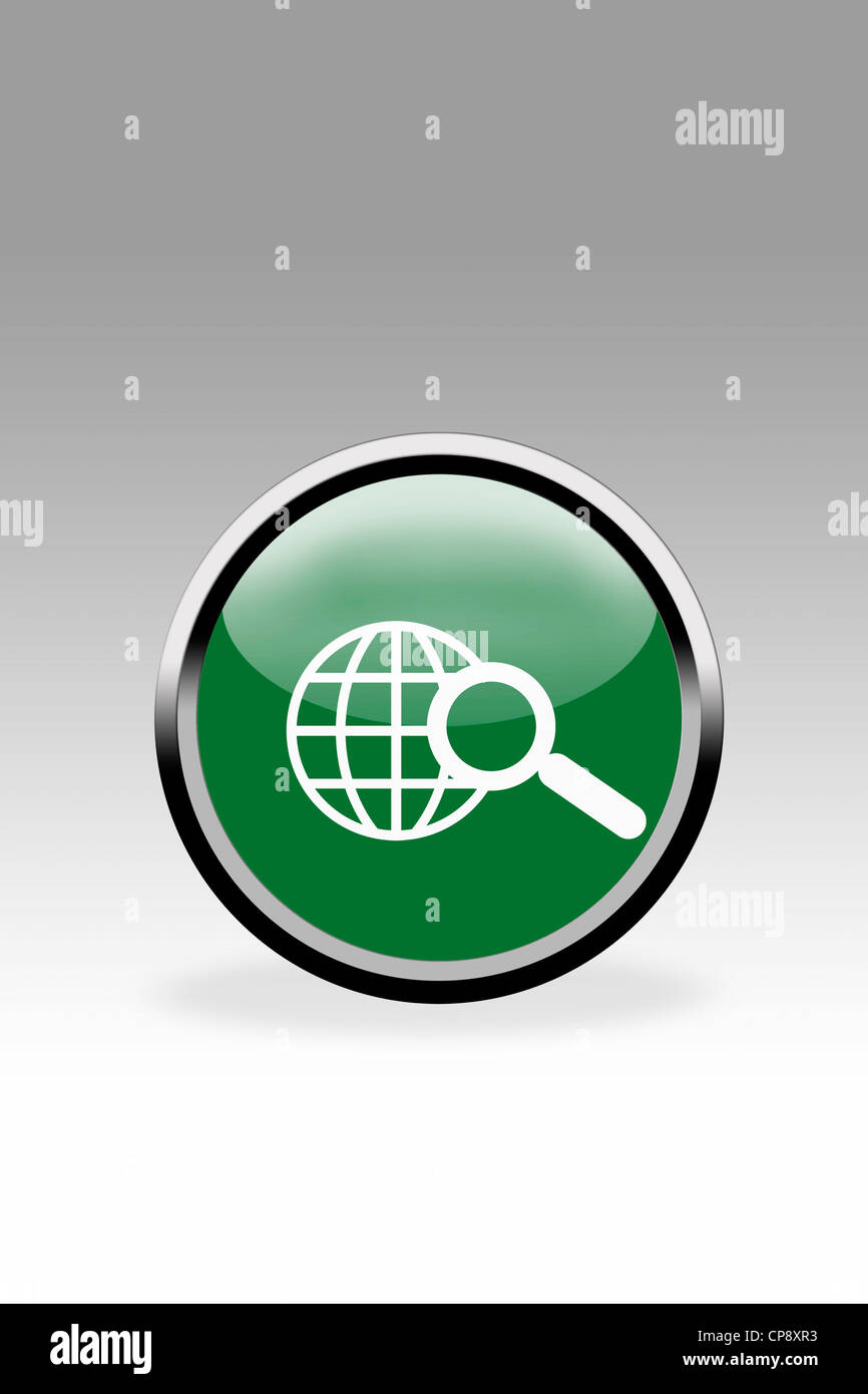 Pulsante verde che mostra la lente di ingrandimento e simbolo mondiale, close up Foto Stock