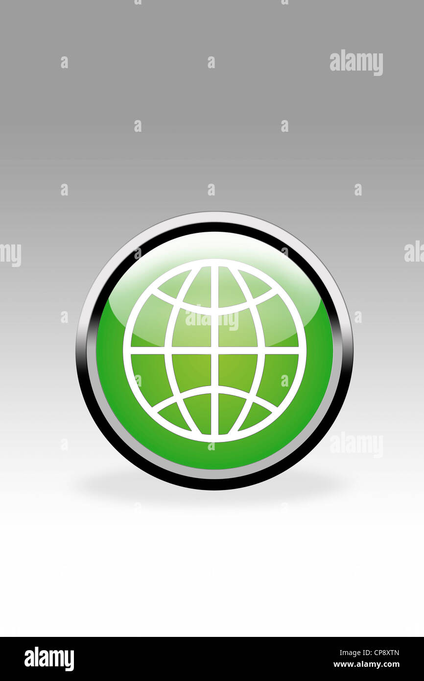 Pulsante verde che mostra il simbolo del mondo, close up Foto Stock