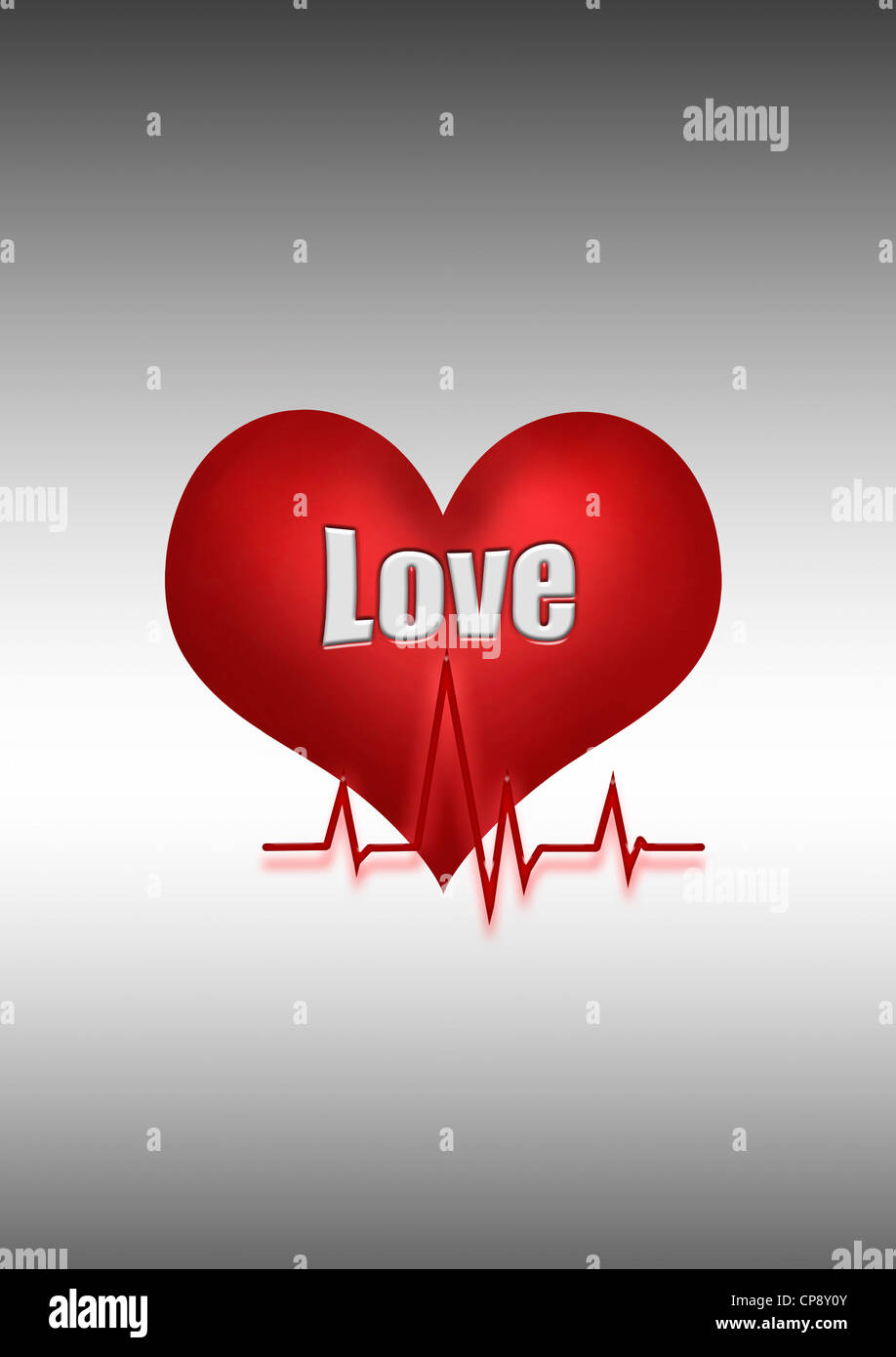 Il simbolo del cuore con grafico a linee e testo amore contro uno sfondo grigio Foto Stock