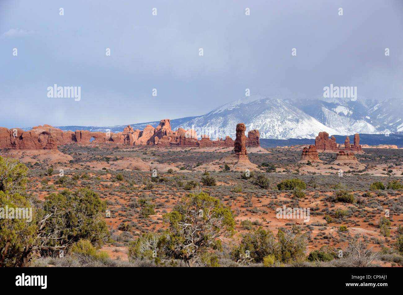 La torretta Arch e altri nella zona nota come Windows nel Parco Nazionale di Arches, Utah Foto Stock