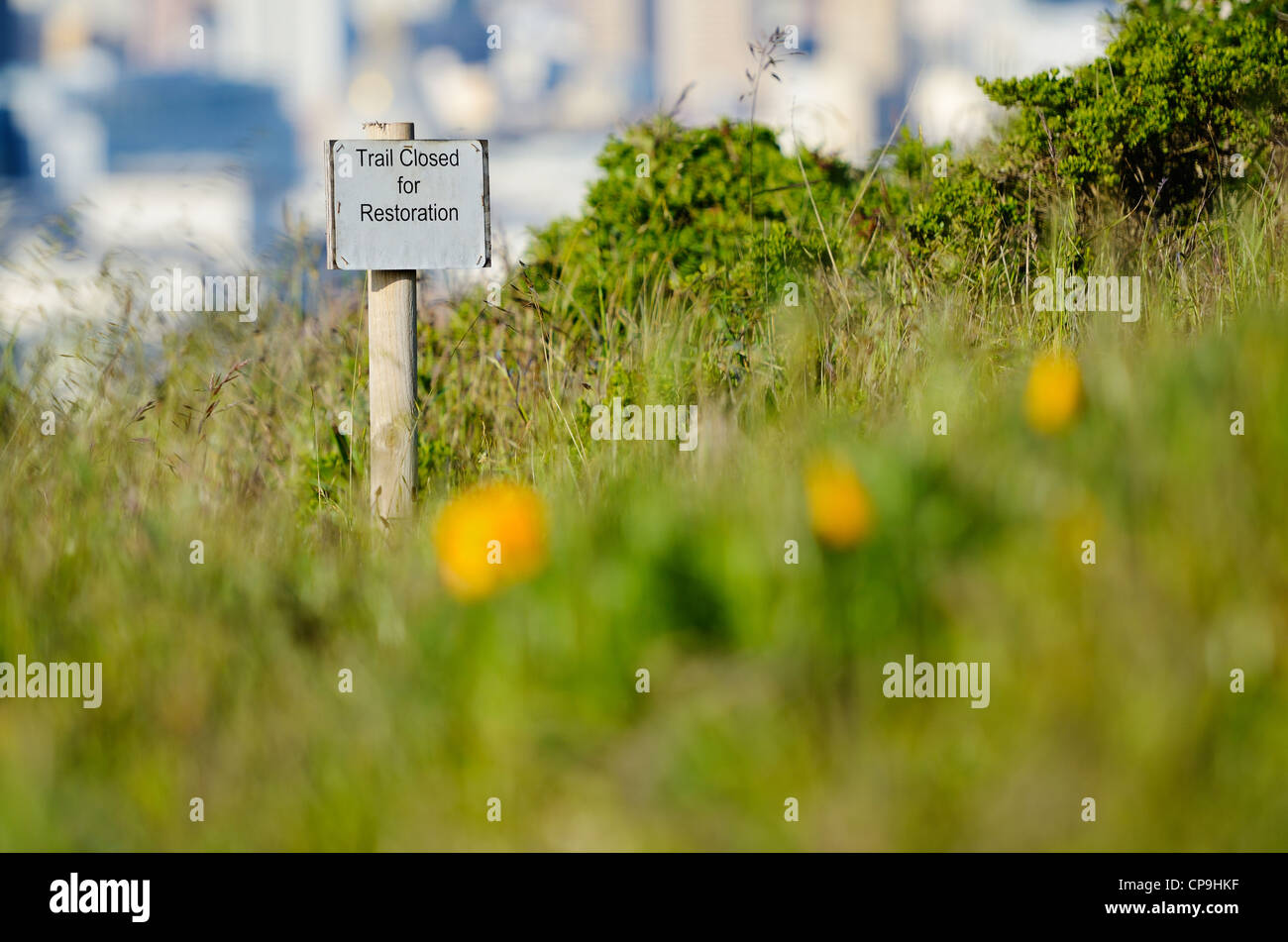 Digital signage su un posto accanto a un percorso sovradimensionate che avverte che il sentiero è chiuso per restauro. Foto Stock