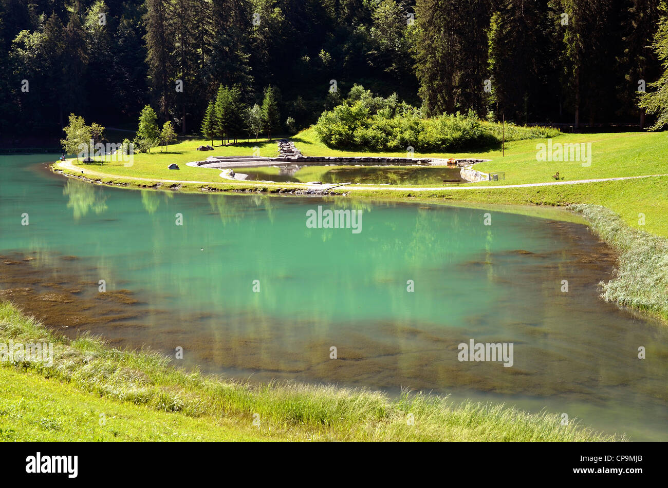 Lago di Montriond in Francia nel dipartimento dell'Alta Savoia nella regione Rhône-Alpes Foto Stock