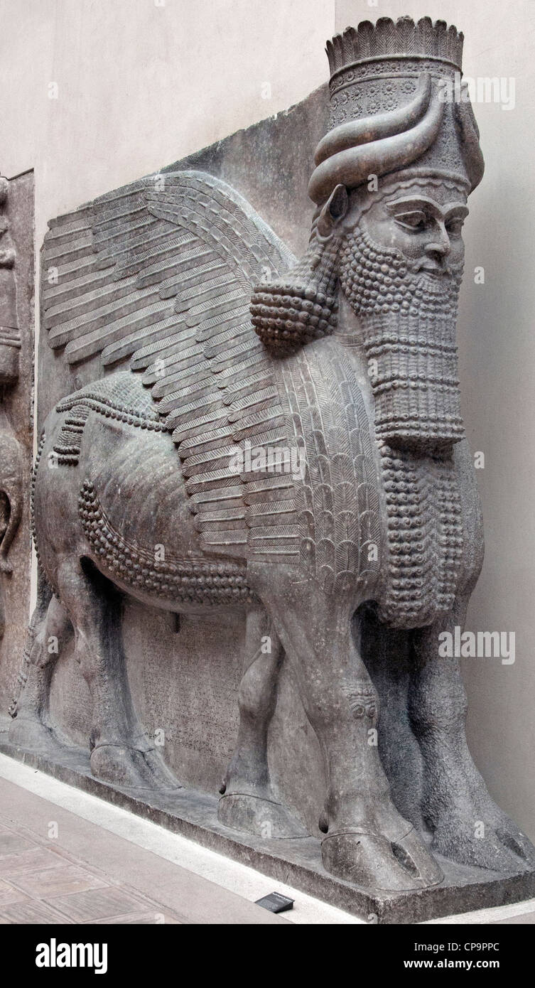 Alato con testa umana bull Neo palazzo Assiro di Sargon II 721-705 gate BC Khorsabad antica Dur Sharrukin Assiria Iraq Foto Stock