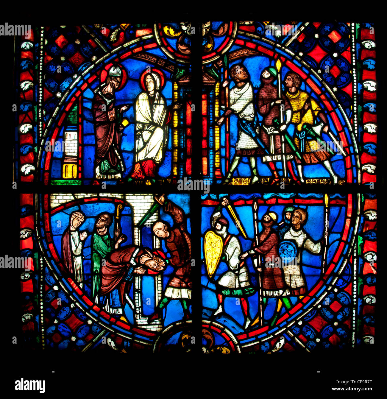 Le scene della storia di San Nicaise 13 secolo Soissons regione Vitrail Foto Stock