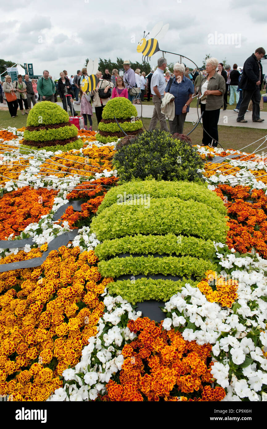 Vista persone luminose fiori colorati di bellissimi prize-winning eco-friendly visualizza giardino, 'Salva il nostro sciame' - RHS Tatton Park Flower Show, Inghilterra, Regno Unito. Foto Stock