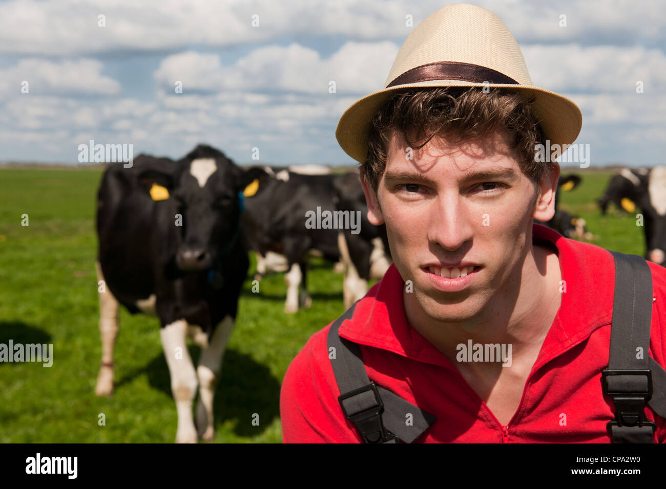 Giovane agricoltore in campo con allevamento di mucche Foto Stock