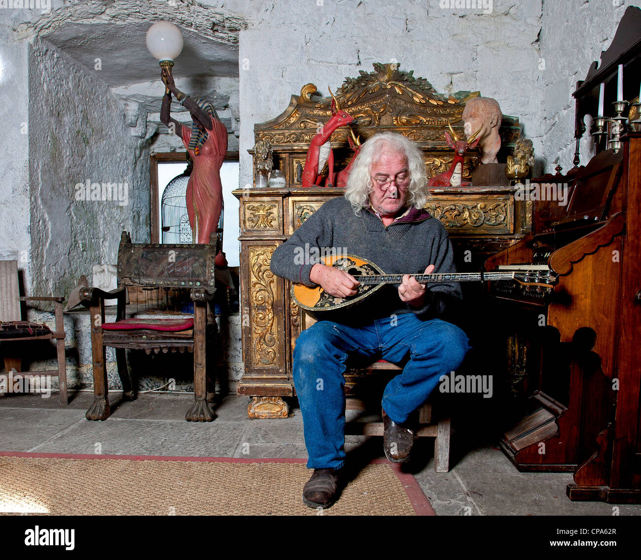 Alec Finn Bouzouki player da Oranmore County Galway, fotografato a Oranmore Castle, che egli possiede. Foto Stock