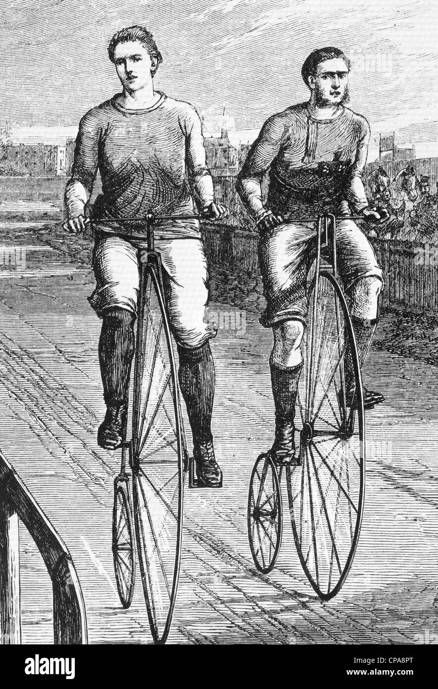 Gara ciclistica tra H.P. Merlano e Keith Falconer nel 1875 Foto Stock