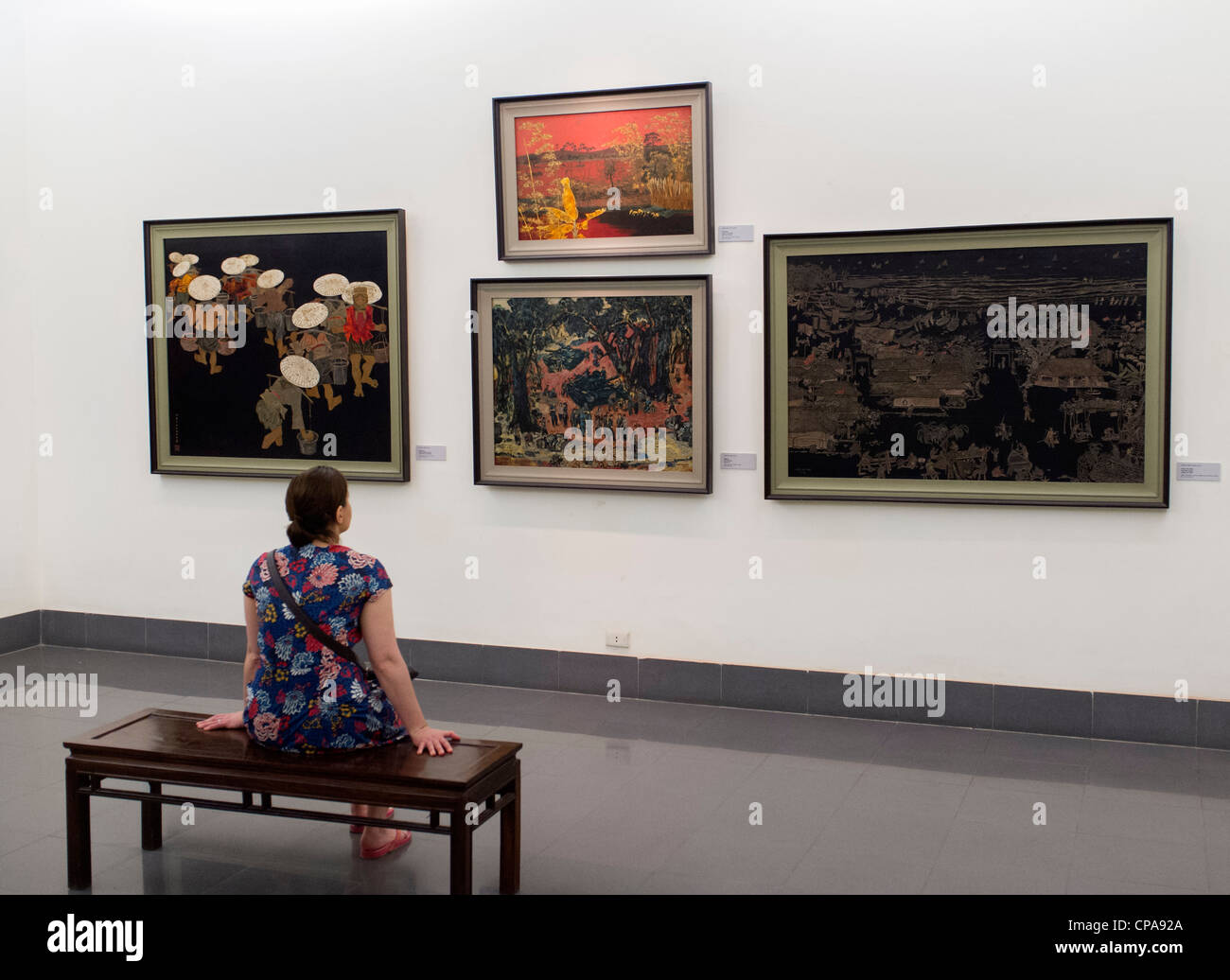 Donna che guarda i dipinti in Vietnam il Museo delle Belle Arti di Hanoi Foto Stock