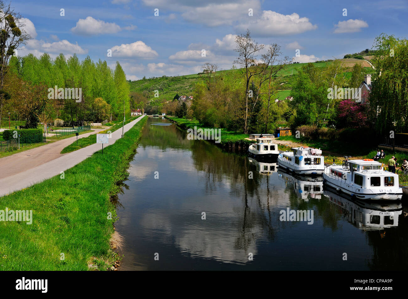 Tre barconi turistici ormeggiato sul fiume Yonne, Canal du Nivernais, Borgogna Francia. Foto Stock