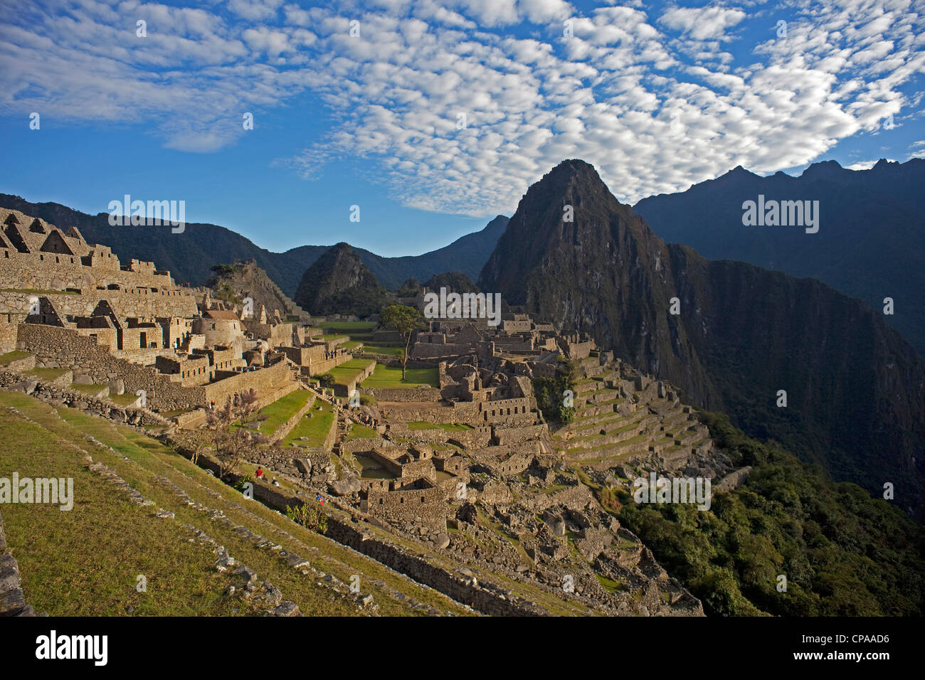 Machu Picchu con Huaynu Picchu dietro nella Valle Sacra del Perù a sunrise. Foto Stock