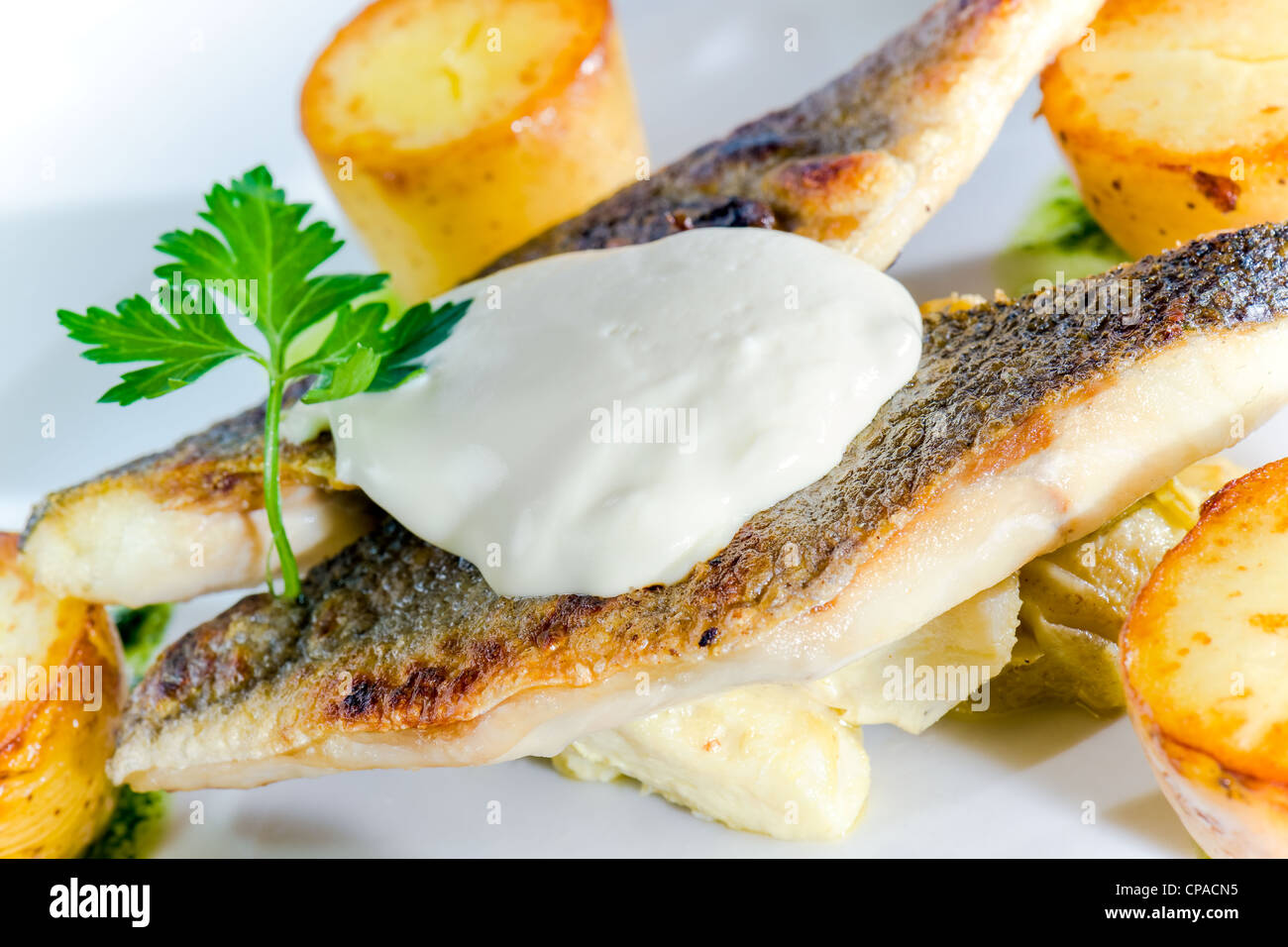 Chef Piatto di presentazione - Sea Bass Foto Stock