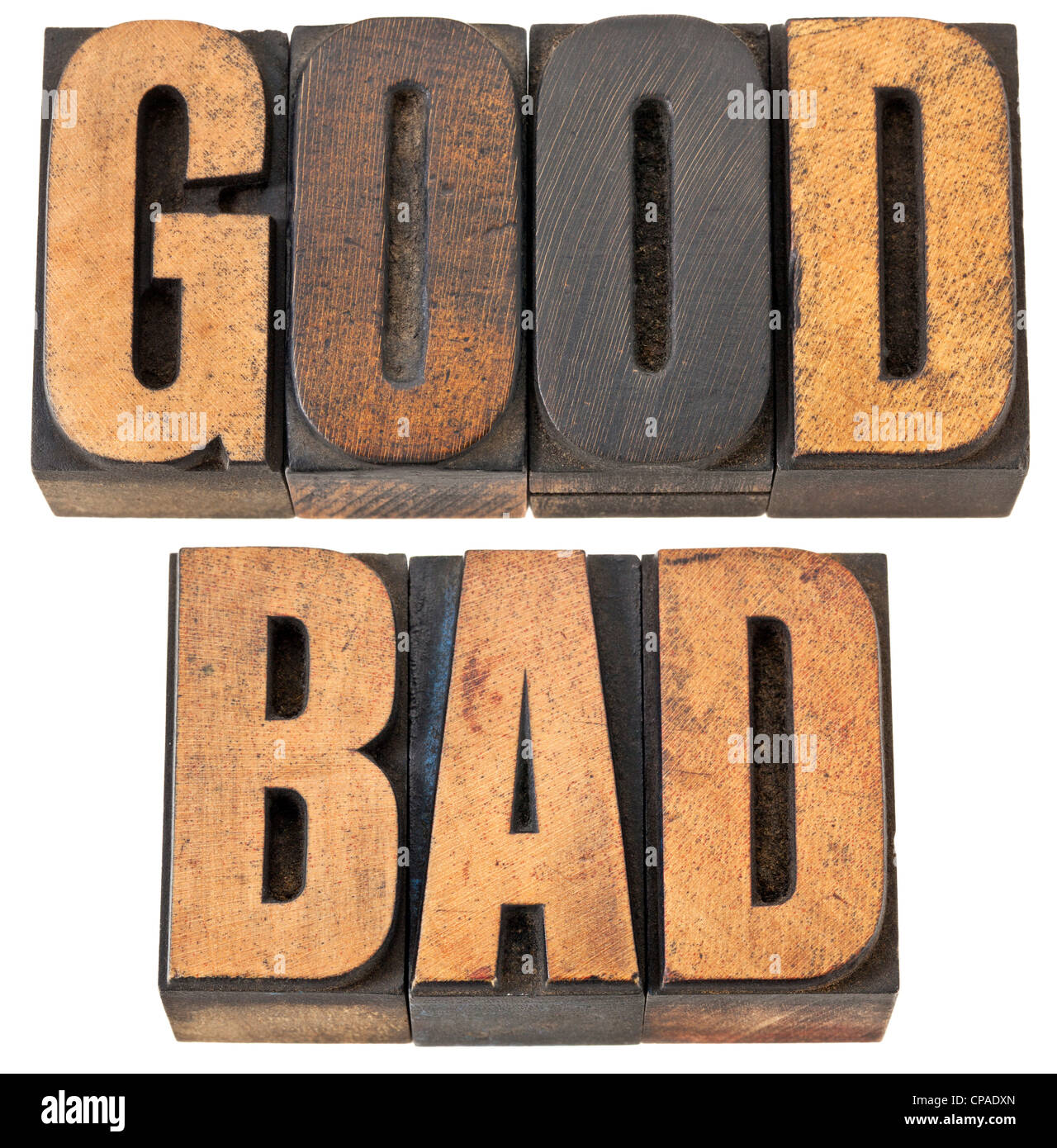 Nel bene e nel male - parole isolate in rilievografia vintage tipo legno Foto Stock
