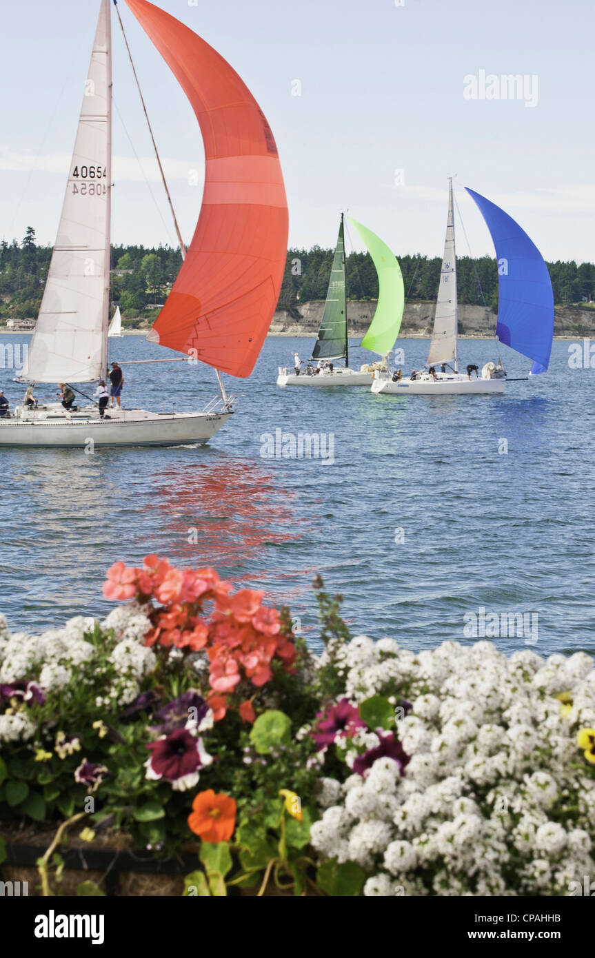 Noi, WA, Whidbey Island, Coupeville. Annuale di Whidbey Island Race Week nel luglio ospita 11 classi di gara. Foto Stock