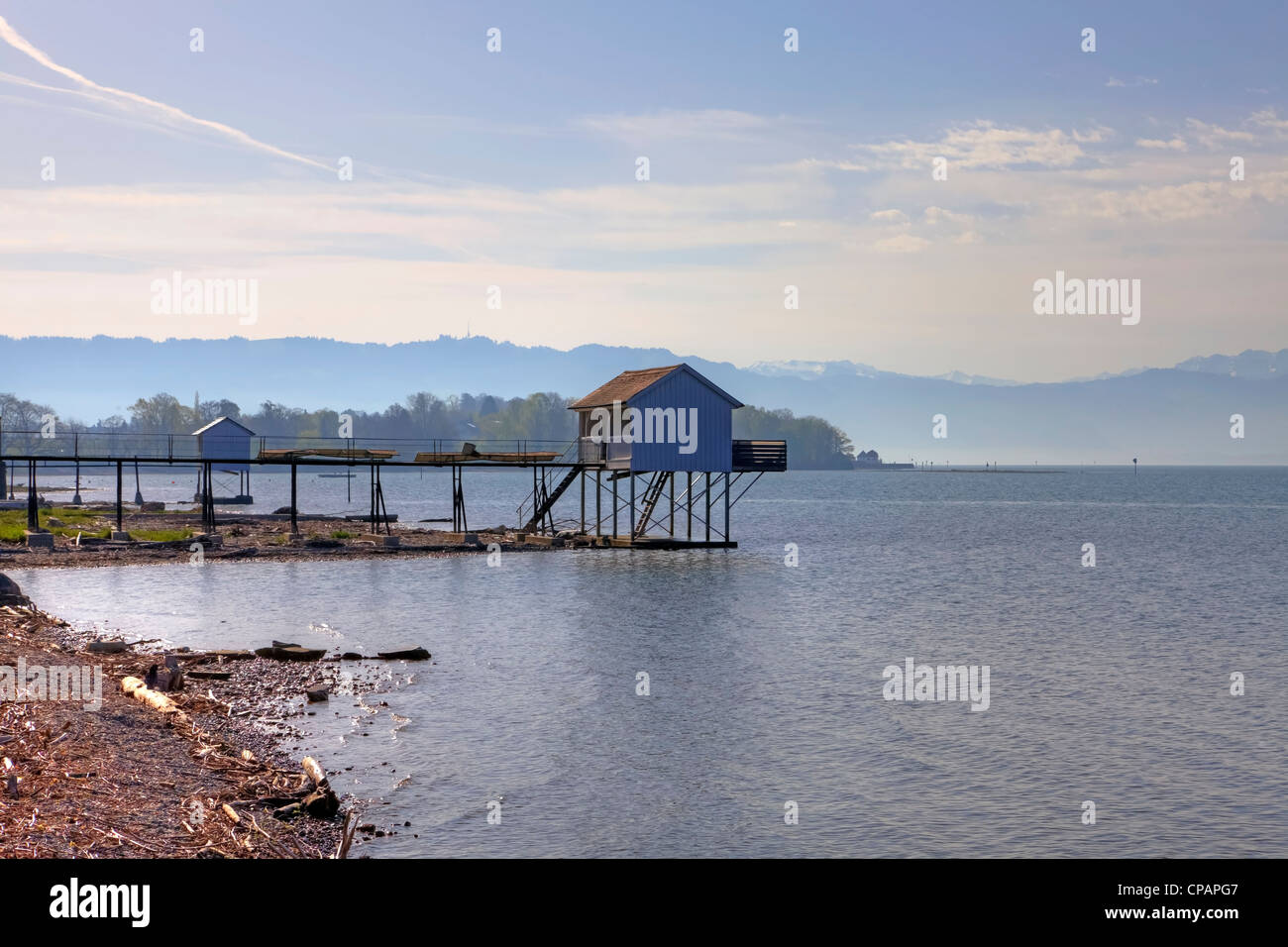 Il vecchio bagno case, il lago di Costanza, Wasserburg, Baviera, Germania Foto Stock