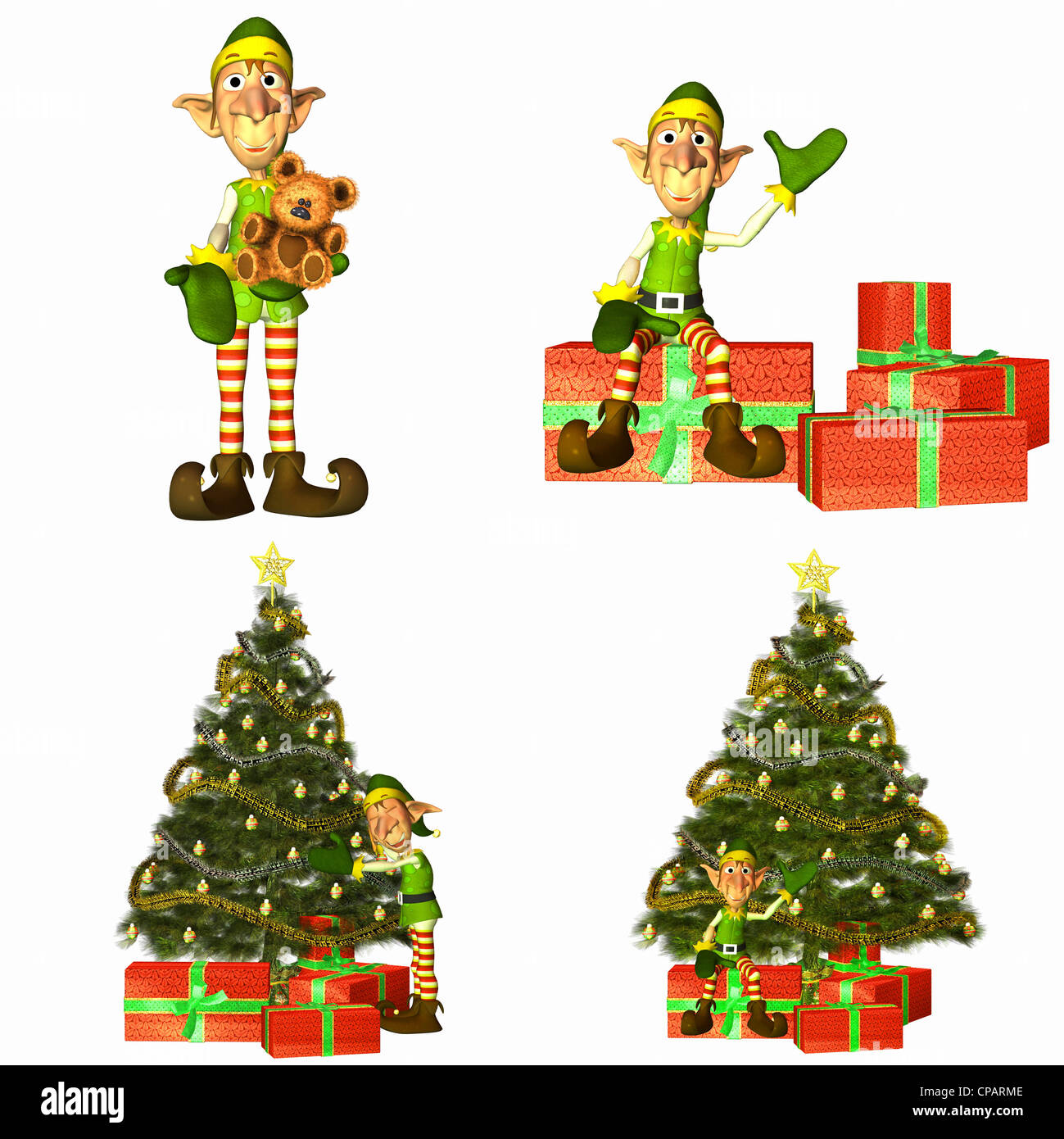 Illustrazione di un pacco di quattro (4) Natale elfi con alberi e presenta su sfondo bianco Foto Stock