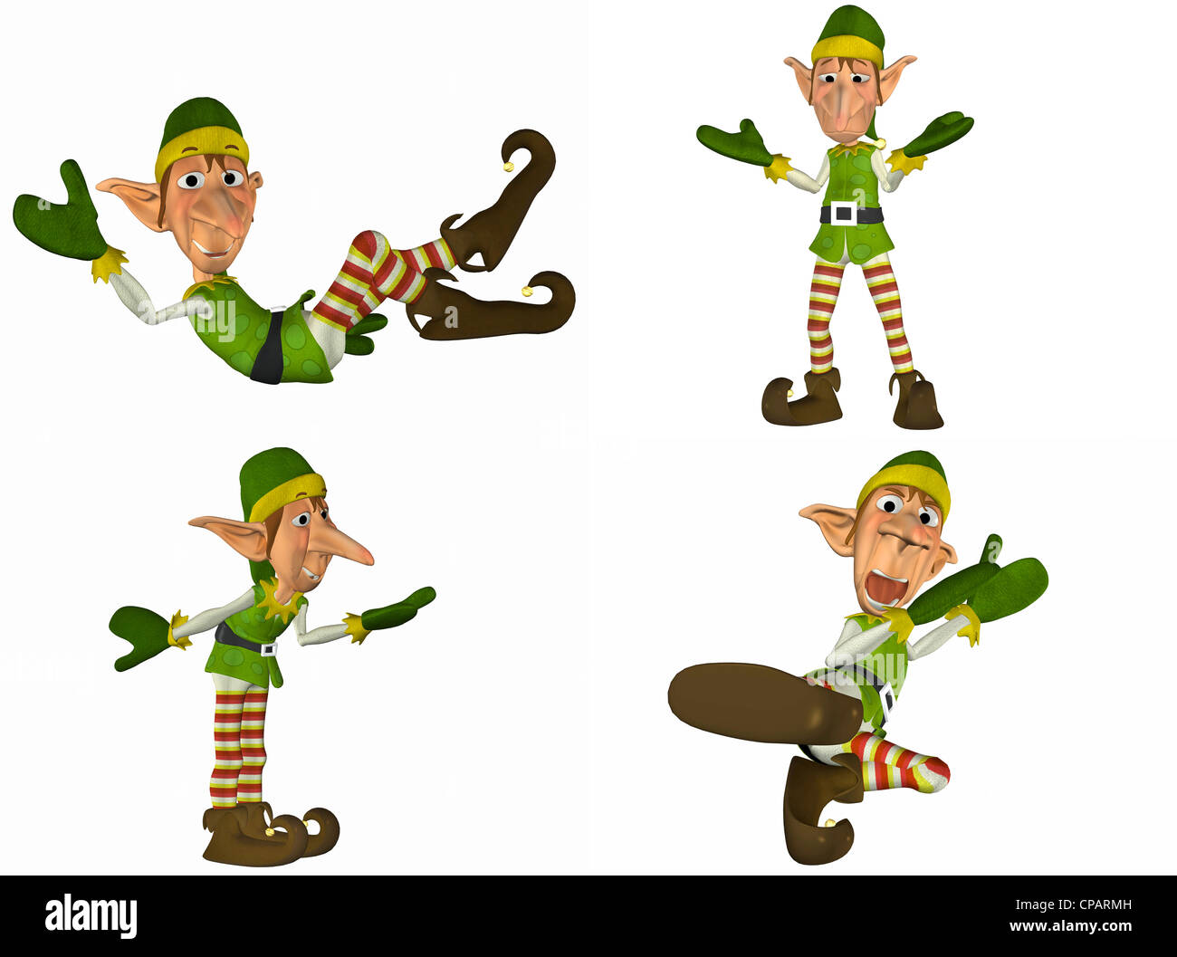 Illustrazione di un pacco di quattro (4) Natale elfi con diverse pose ed espressioni isolate su uno sfondo bianco - 1 di 2 Foto Stock