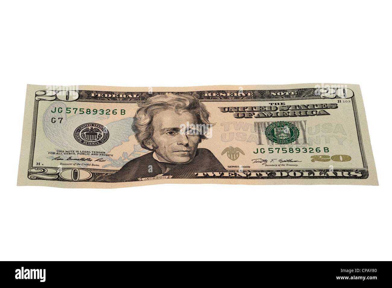 Un 20 dollar nota dall America su sfondo bianco Foto Stock