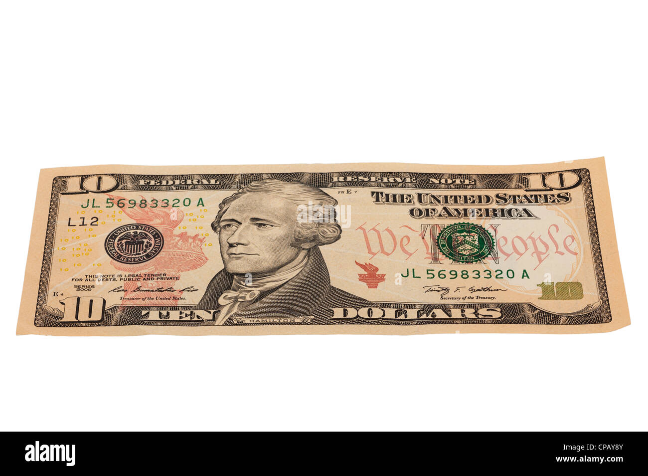 Un 10 dollar nota dall America su sfondo bianco Foto Stock
