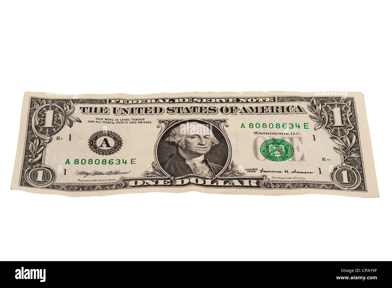 A 1 dollaro nota dall America su sfondo bianco Foto Stock