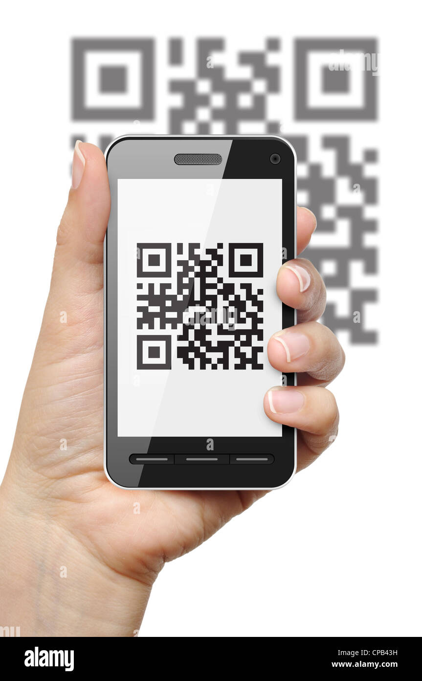 La scansione del codice QR con il cellulare su sfondo bianco Foto Stock