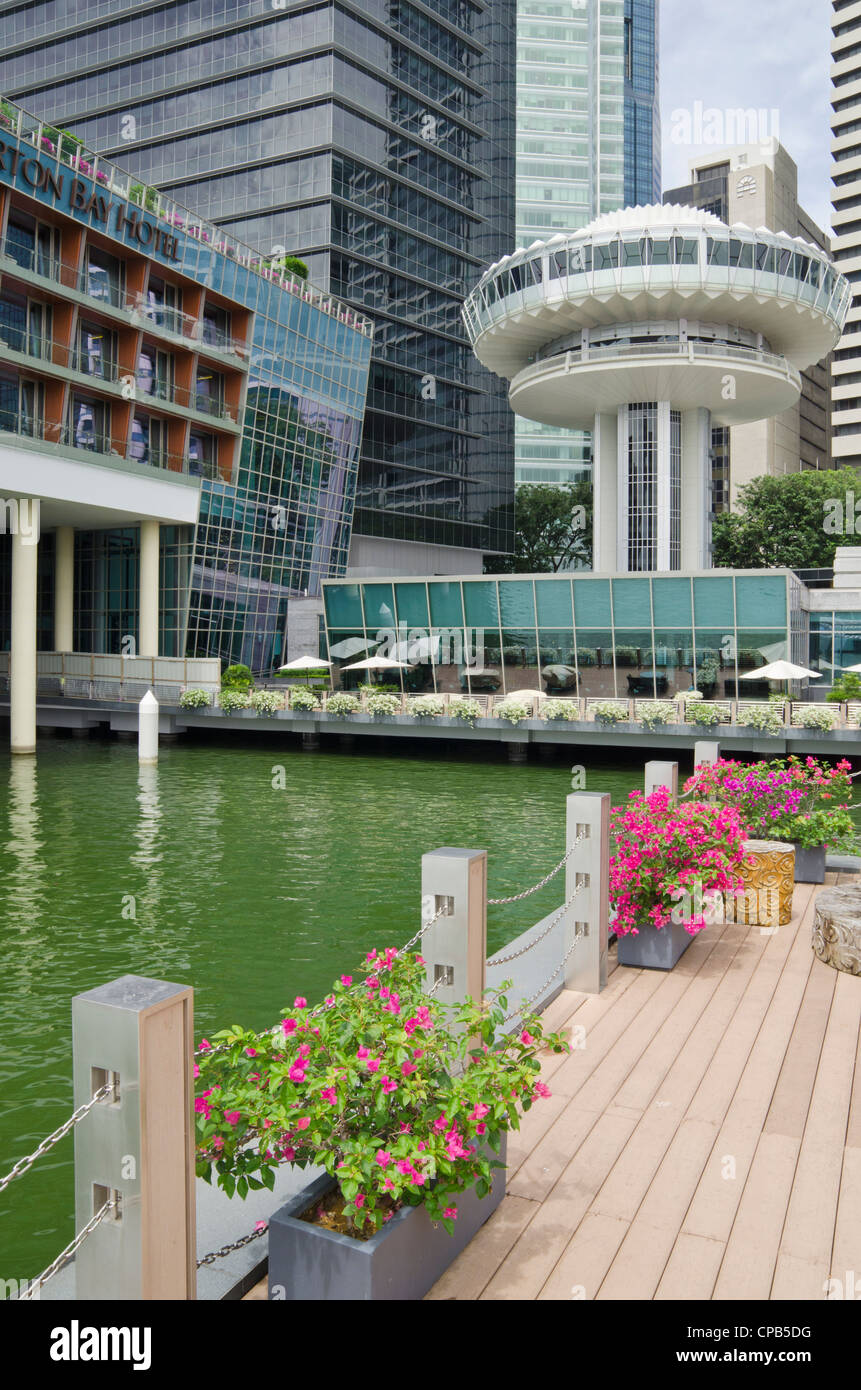 Clifford Pier area di Marina Bay, compreso il Fullerton Bay Hotel e il cambiare antenna Vicolo Plaza, Collyer Quay, Singapore Foto Stock