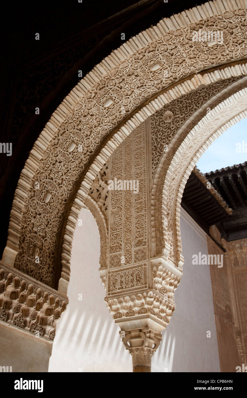 Ornata di rilievi coprire gli archi e pareti in Nasrid palazzi dell'Alhambra di Granada, Spagna. Foto Stock