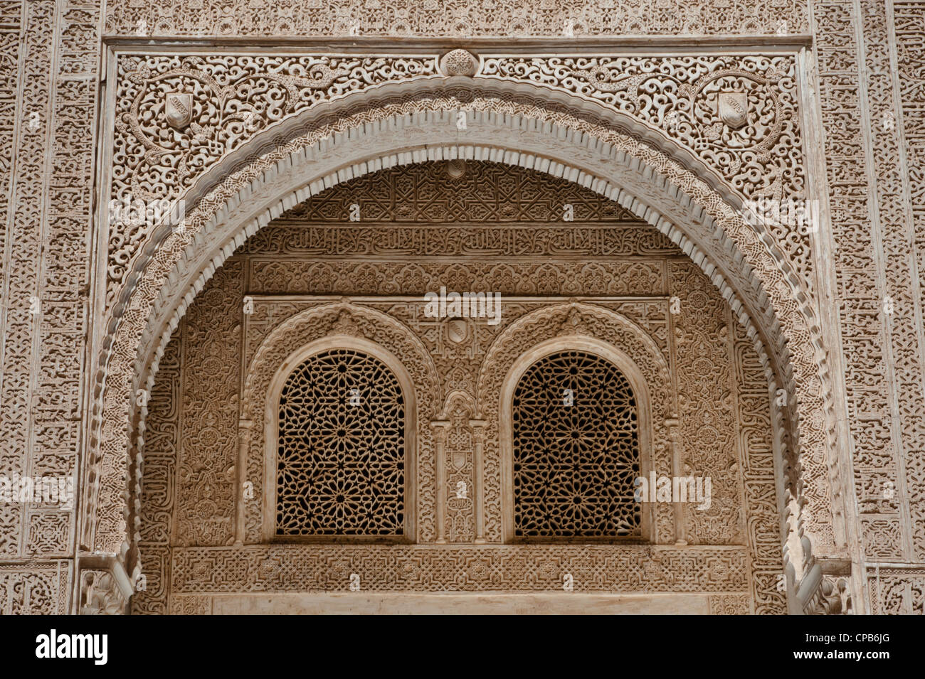 Ornata di rilievi coprire gli archi e pareti in Nasrid palazzi dell'Alhambra di Granada, Spagna. Foto Stock