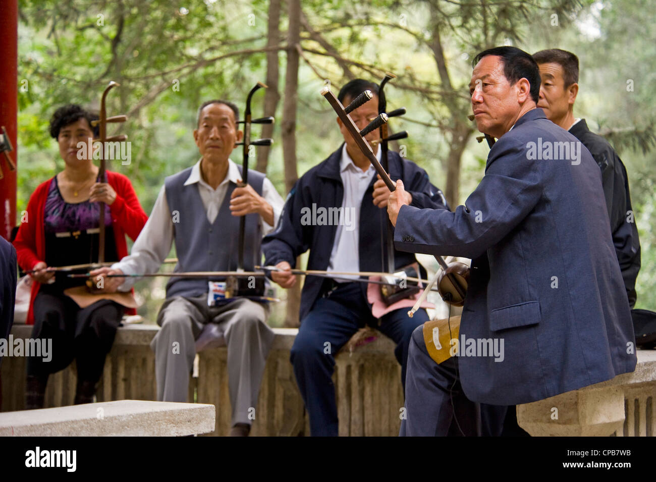 Un gruppo cinese/band di musicisti suonano musica tradizionale cinese (Erhu Cinese - violino principale strumento) la mattina presto a un parco Foto Stock
