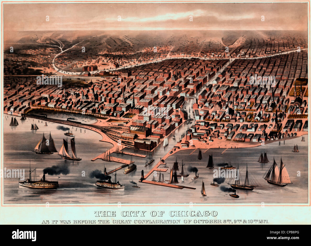 La città di Chicago come era prima del grande conflagrazione di Ottobre 1871 Foto Stock