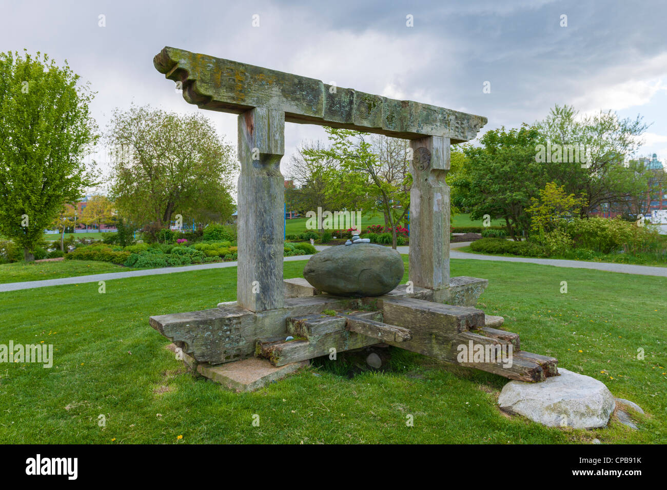 Scultura in legno, granchio Park portside, Vancouver Foto Stock