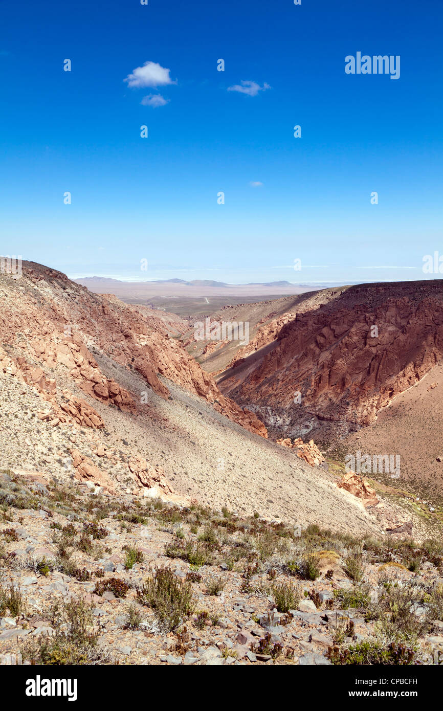 Visualizza in basso Nacimiento Gorge verso Atacama Salt Lake, San Pedro de Atacama, Cile Foto Stock