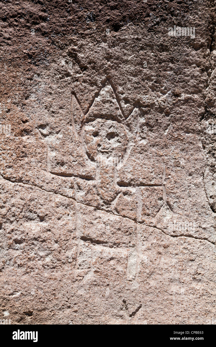 Petroglyph di un maschio sciamano nel telecomando Quezala burrone, vicino Talabra, il Deserto di Atacama, Cile Foto Stock