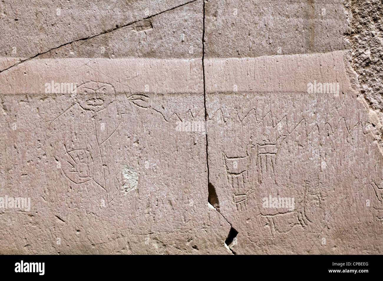 Petroglyph dell uomo, snake e llama nel telecomando Quezala burrone, vicino Talabra, il Deserto di Atacama, Cile Foto Stock