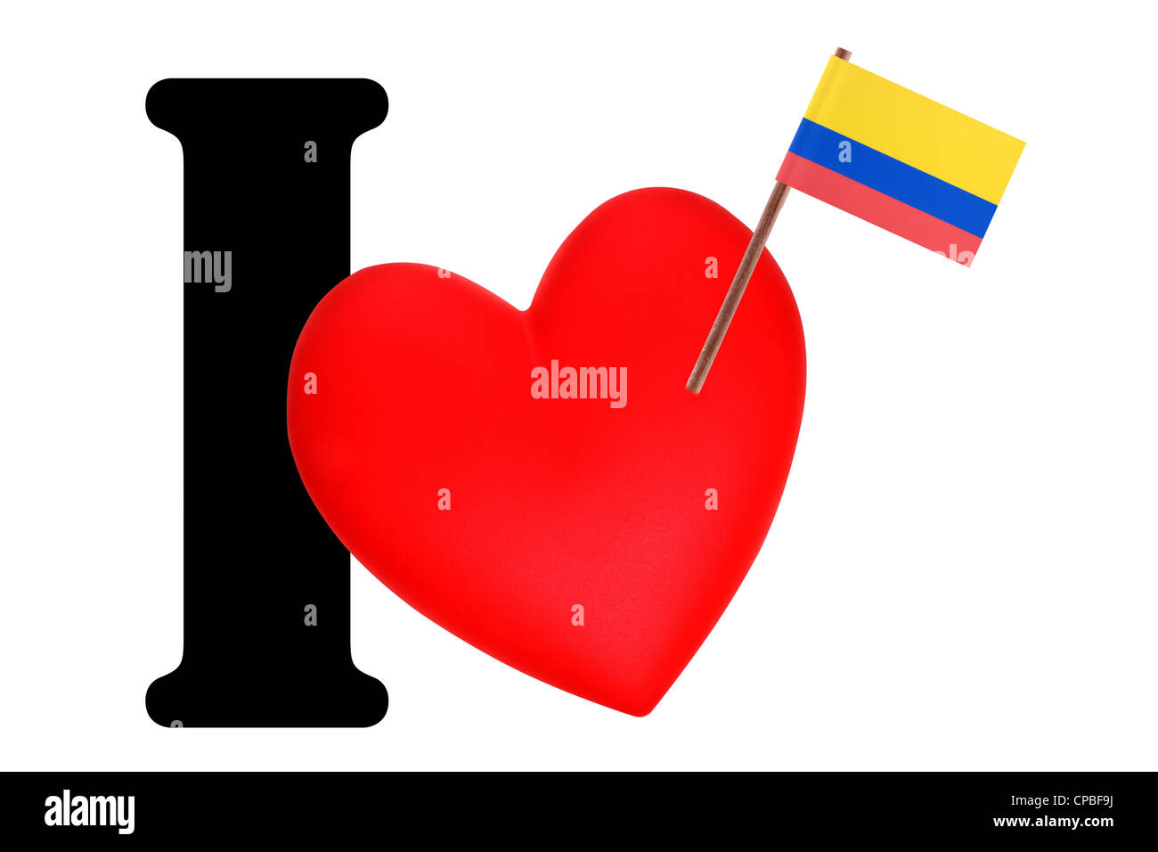 Bandierina su un cuore rosso e la parola che ho per esprimere il proprio amore per la bandiera nazionale della Colombia Foto Stock