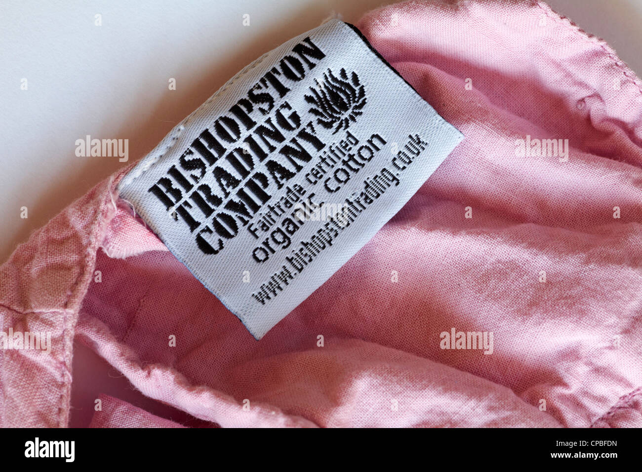 Etichetta di abbigliamento Bishopston Trading Company Fairtrade certificata cotone biologico Foto Stock