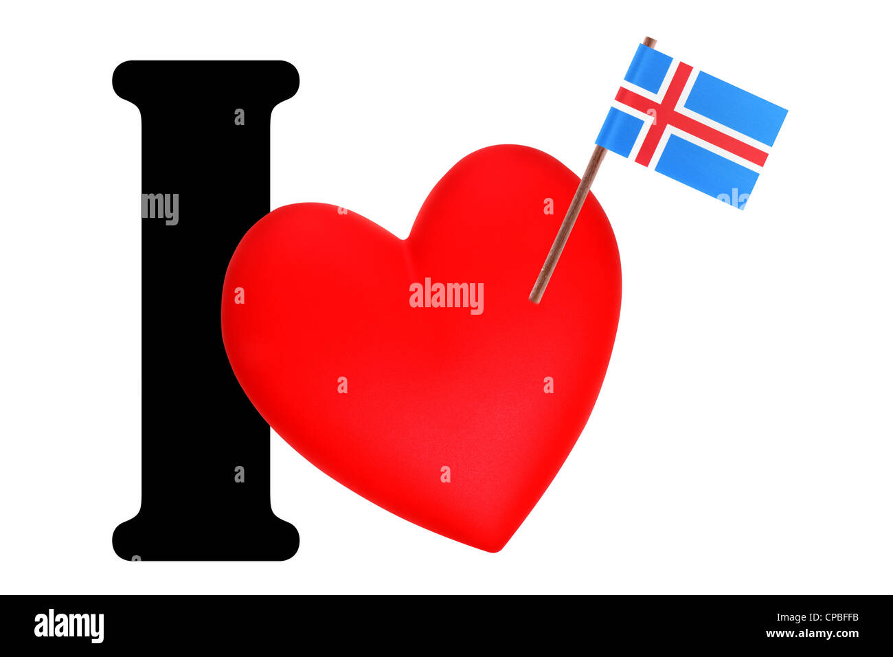 Bandierina su un cuore rosso e la parola che ho per esprimere il proprio amore per la bandiera nazionale di Islanda Foto Stock